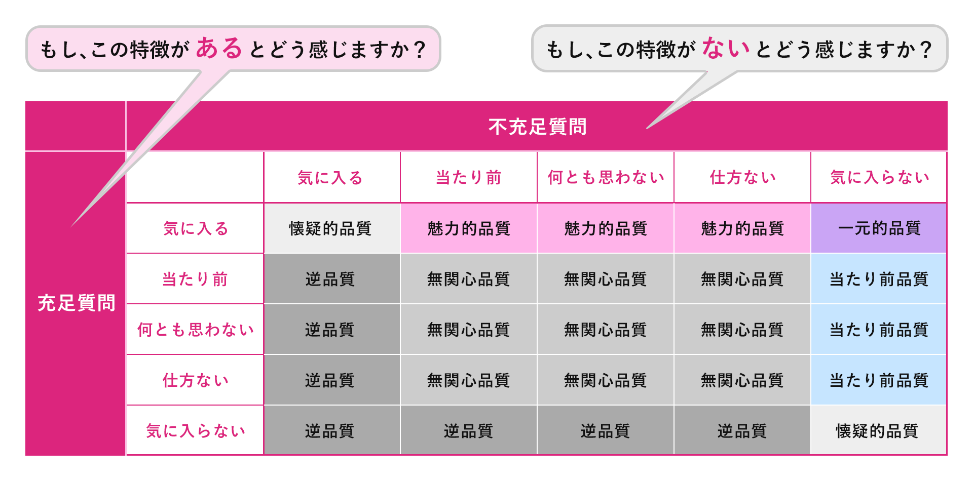 狩野モデルの分類表：データ分析と品質要素の特定